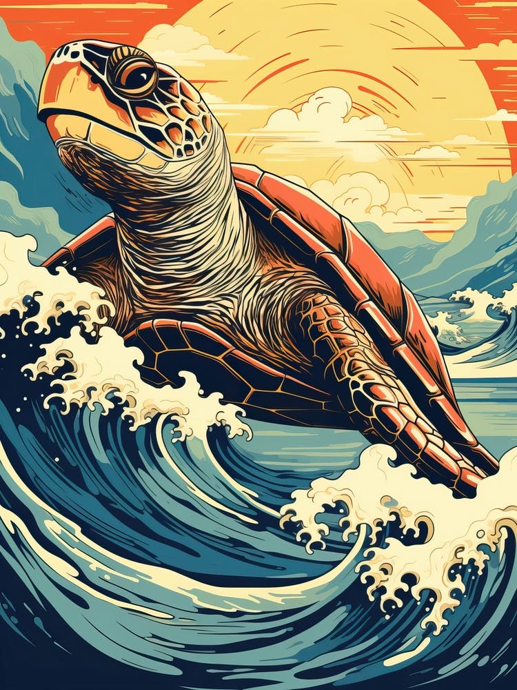 Sea Turtle Animal Drawing In The Style Of Ukiyo E 3