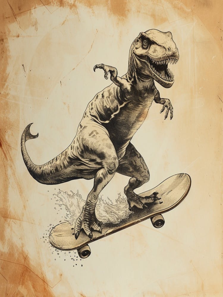 Vintage Icthyosaurus Dinosaur On A Skateboard 1