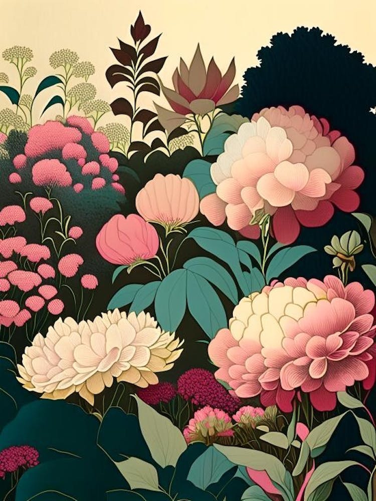 Mass Plantings Of Peonies 5 Colourful Vintage Sketch