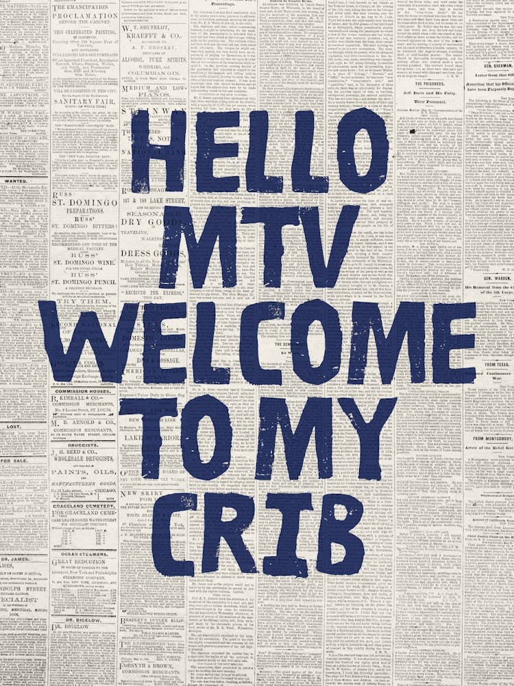 Hello MTV Welcome To My Crib Newspaper Print Navy Blue Retro Wall Art Funky Living Room Decor