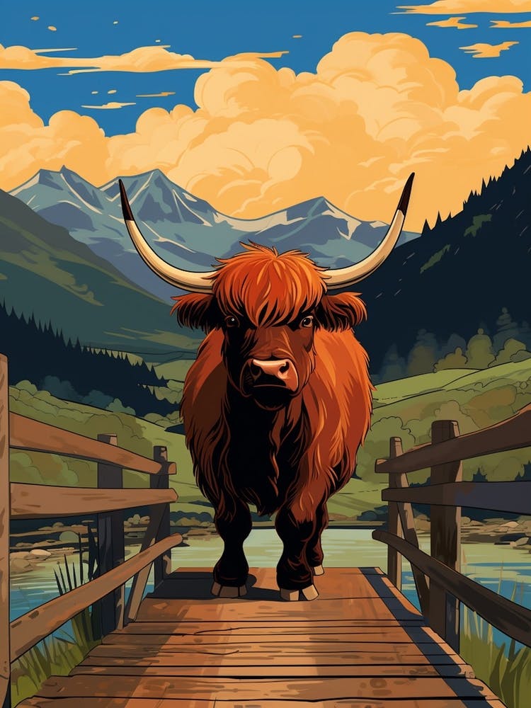 Brown Bull Crossing The Bridge