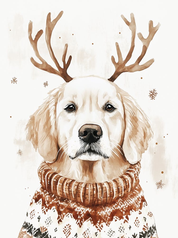 Golden Retriever In Christmas Jumper And Antlers Neutral