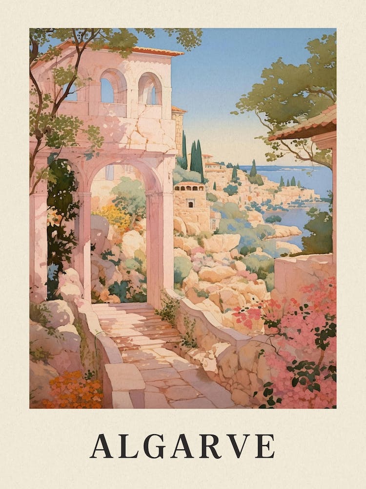 Algarve Portugal 2 Vintage Pink Travel Illustration Poster
