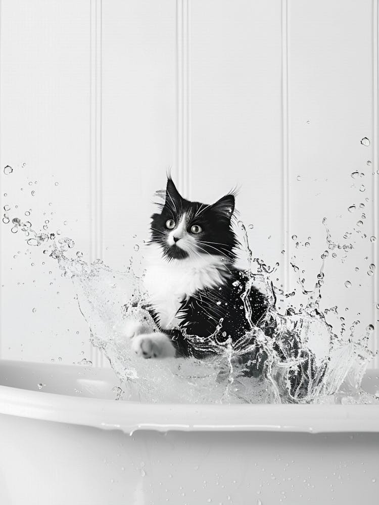 Cat In Bathtub, Black and White, Funny, Cat Splashing in Tub
