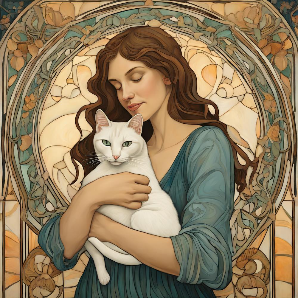 Woman with her Beloved Cat in Style of Art Nouveau 3