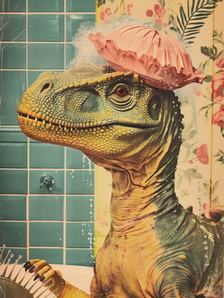Dinosaur In The Shower With A Shower Cap Retro Collage 2