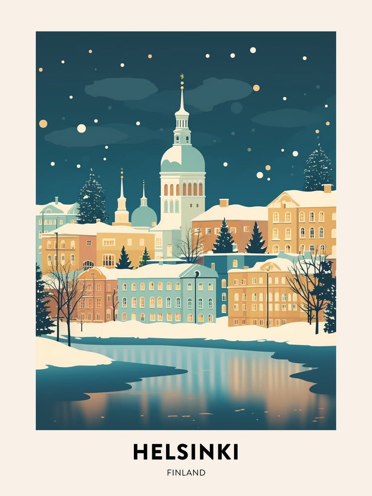 Winter Night  Travel Poster Helsinki Finland 1