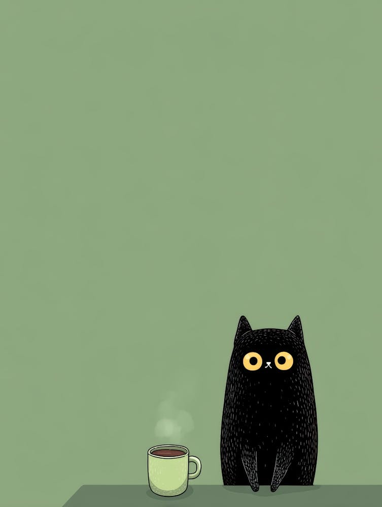 Schwarze Katze mit einer Tasse Kaffee 1