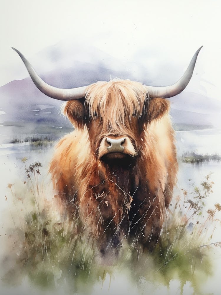 Watercolour Of Highland Cow In Rainy Field