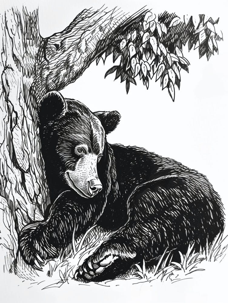 Malayan Sun Bear Laying Under A Tree Ink Illustration 2