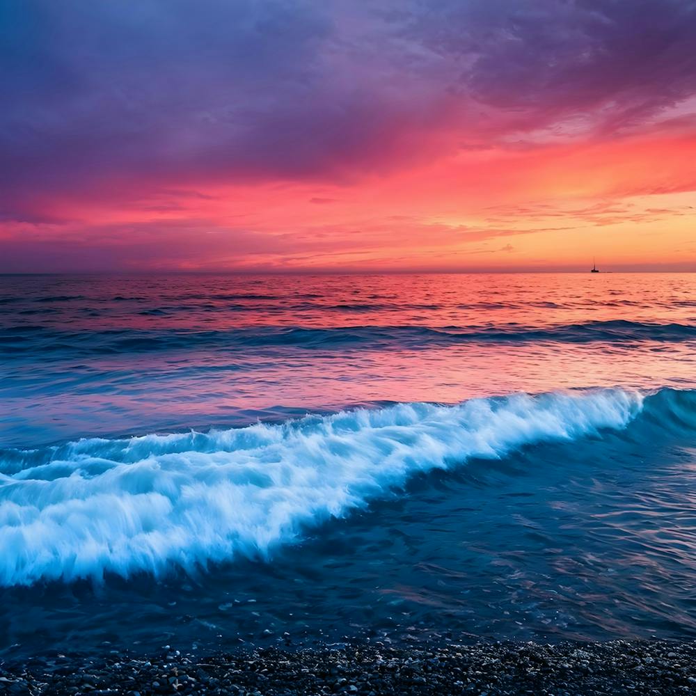 A fiery pink sky bleeds color into a calm, azure sea