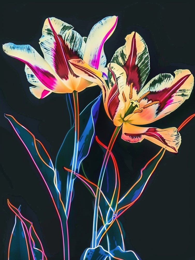 Neon Flowers On Black Tulip 1
