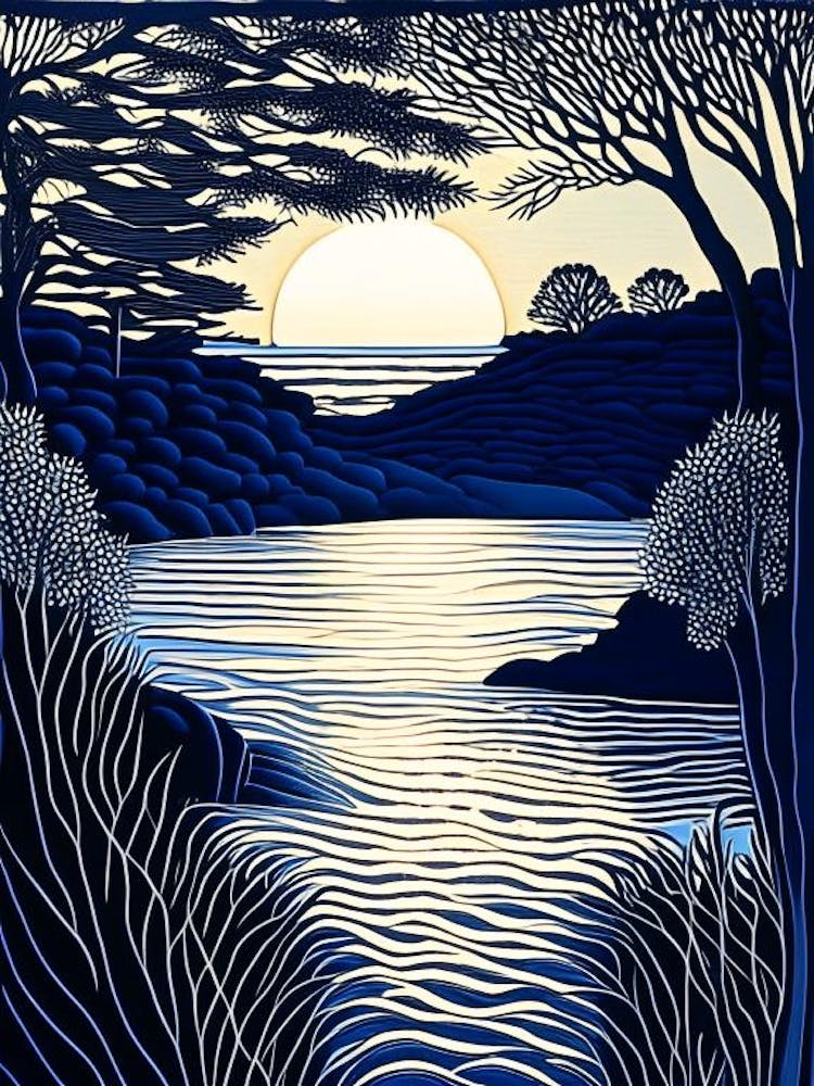 Water And Sunlight Interplay Waterscape Linocut 1