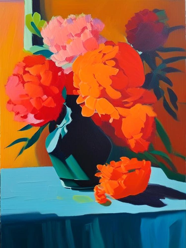 Orange Peonies On A Table Colourful 1 Painting