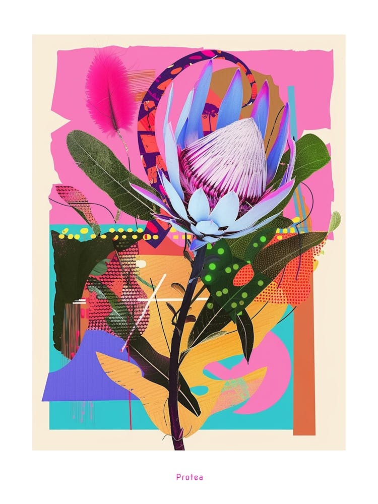 Protea 3 Neon Blumen Collage Poster