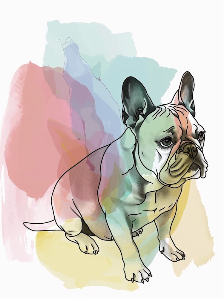 Pastel Watercolour French Bulldog Line Illustration 3