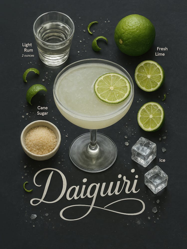 Daiquiri Cocktail Poster – Rum and Lime Recipe: Tropical sweetness meets citrusy bite – this daiquiri poster features rum, lime, and a refreshing glass of summer. With clean typography and fresh bar vibes, it’s perfect for kitchens, pubs, and lovers of sweet, sour cocktails with a beachside twist.
