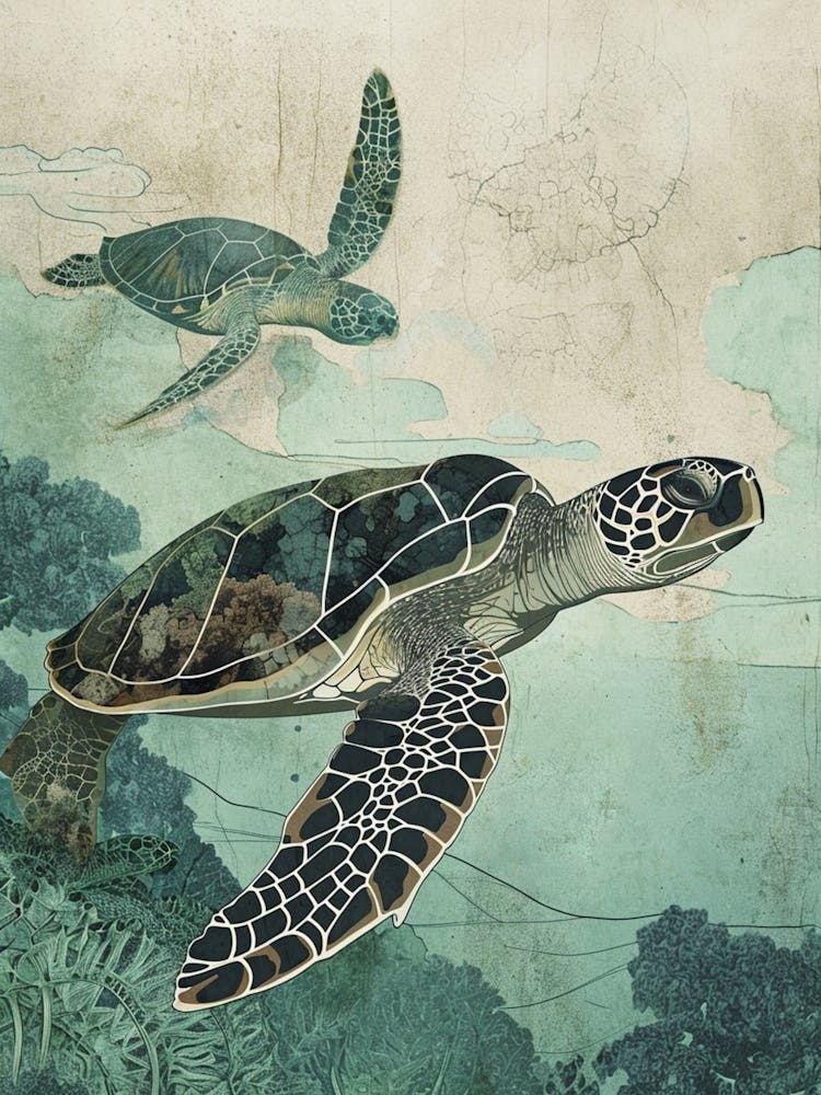 Two Turtles Exploring The Ocean Vintage Illustration