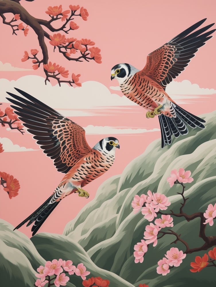 Vintage Japanese Inspired Bird Print American Kestrel 1