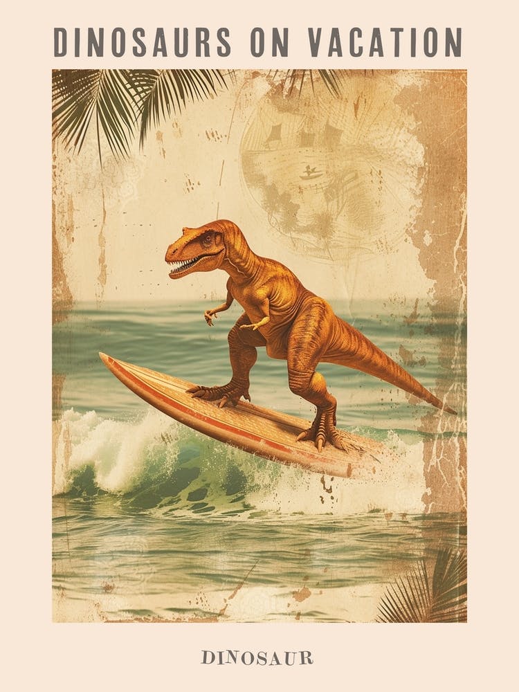 Vintage Dinosaur On A Surf Board Poster