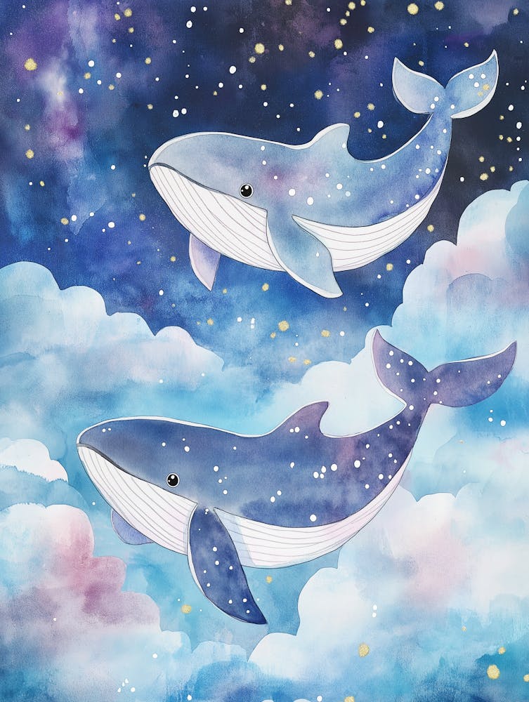 Watercolor, Cute And Dreamy, Baby Whales Swimming In The Clouds