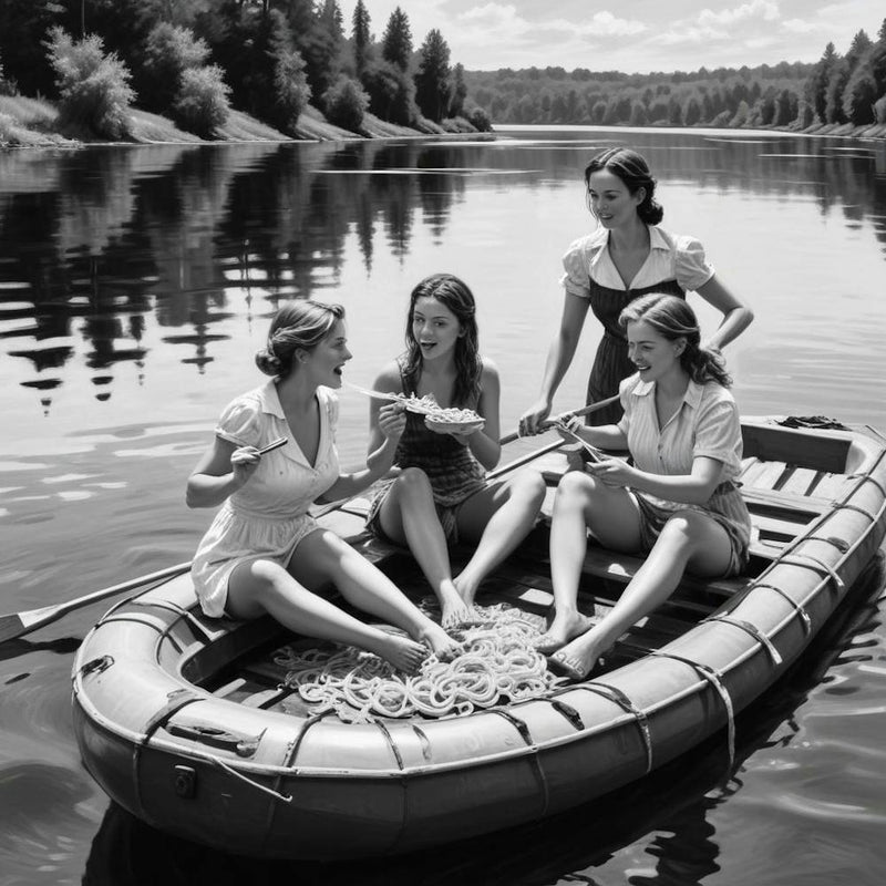 Eating Pasta on a Lake, Three Women On Raft, Funny Black and White Vintage Photo 3