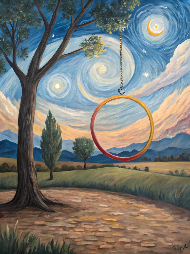 Van Gogh Landscape Dreamy Swing Under Starry Skies