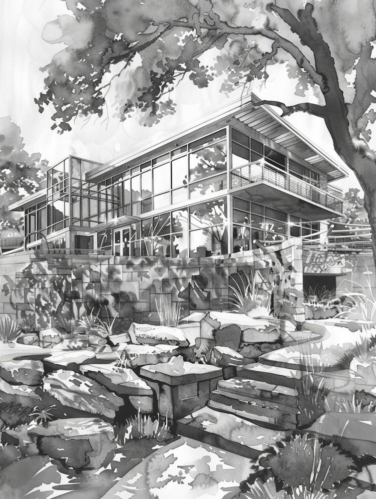 Nature Science Center Austin Texas Black And White Watercolour 1