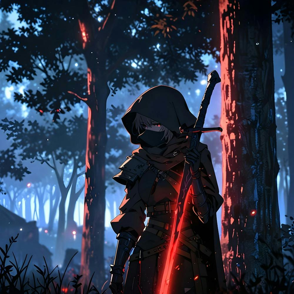 Ein Schwertkämpfer in einem Wald, er hat ein rotes Schwert (1)