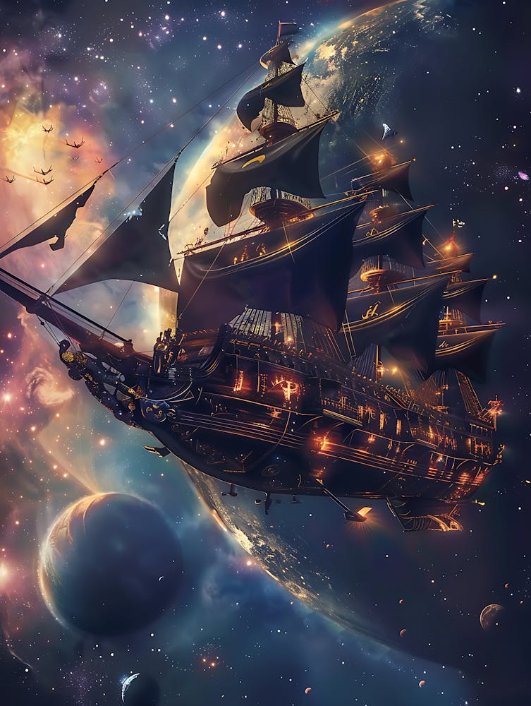Fantasy Ship Floating in the Galaxy 4