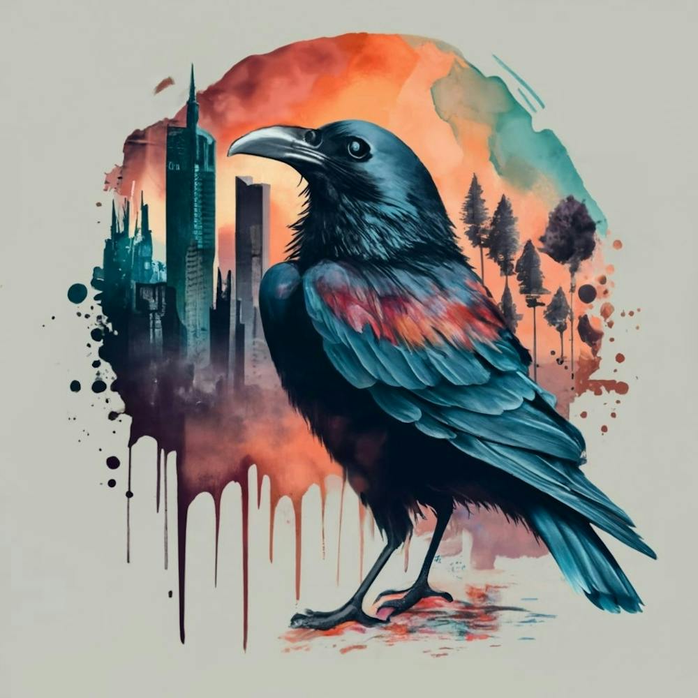 Crow Cityscape - raven and a city, natural scenery, watercolor art .