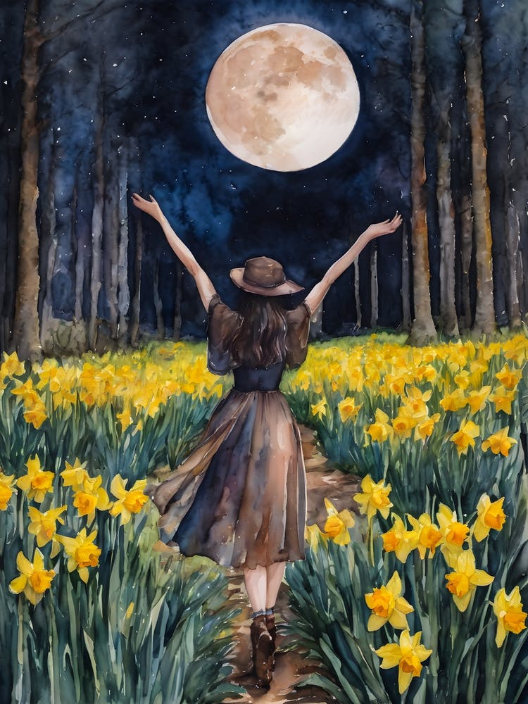 Mondbaden - Heidnisches Hexen-Frühlingsgöttinnen-Ritual Ostara Narzissenwald Vollmondwald - Original Märchen-Aquarellkunstwerk von Lyra the Lavender Witch - Cottagecore Witchcore Supermond Magie Jahresrad