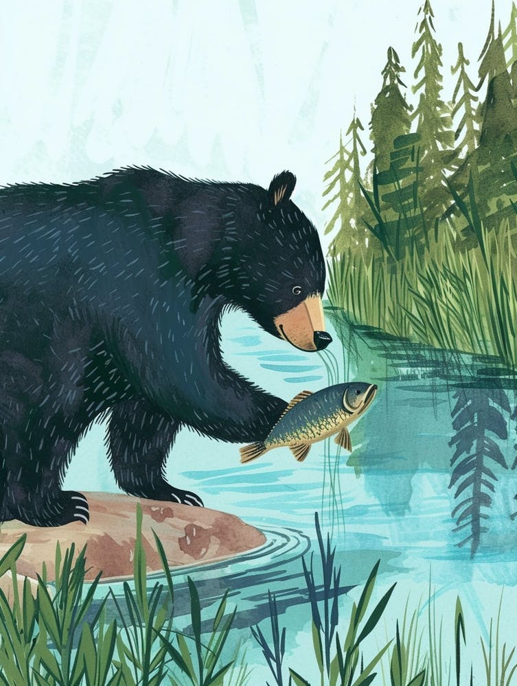 Amerikanischer Schwarzbär beim Fischfang in einem ruhigen See Märchenbuch-Illustration 2