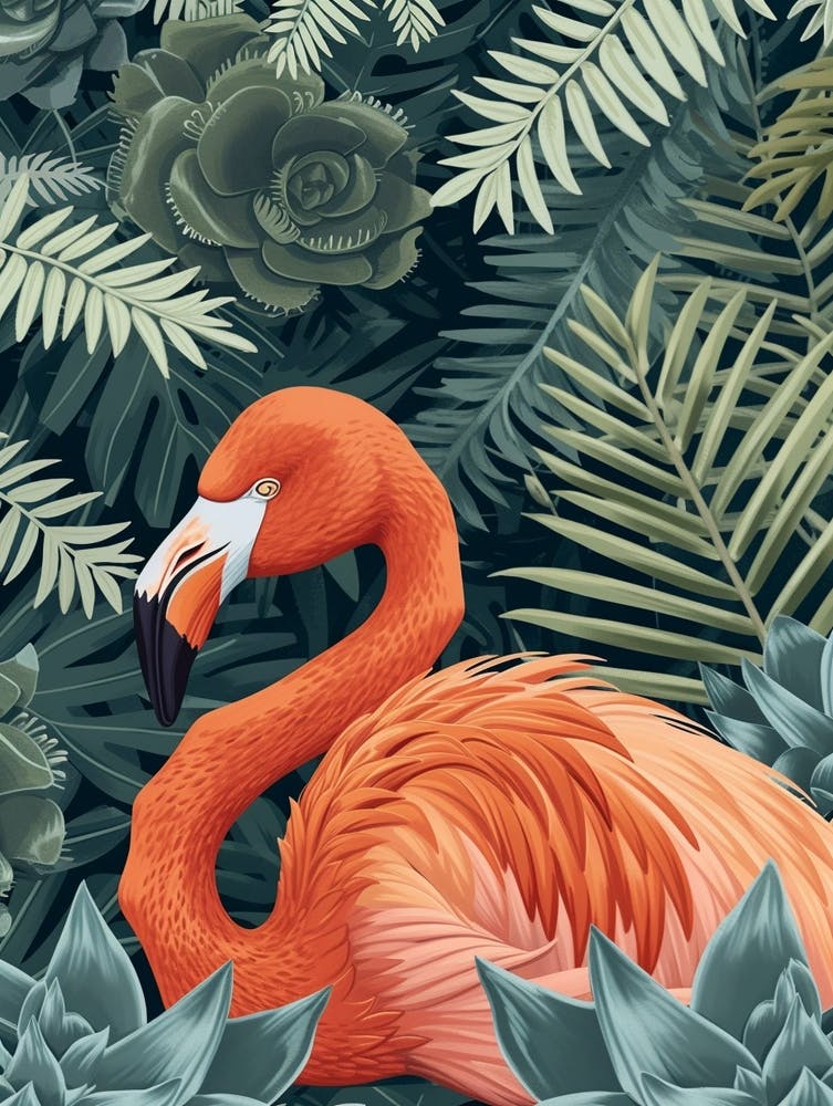 Flamant des Andes et Broméliacées Illustration Minimaliste 2