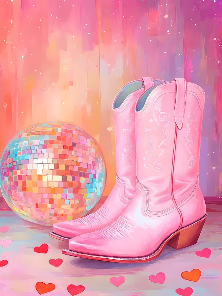 Pink Cowboy Boots And Disco Ball