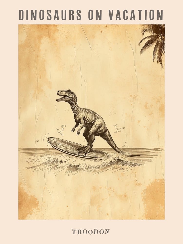 Vintage Troodon Dinosaur On A Surf Board 1 Poster