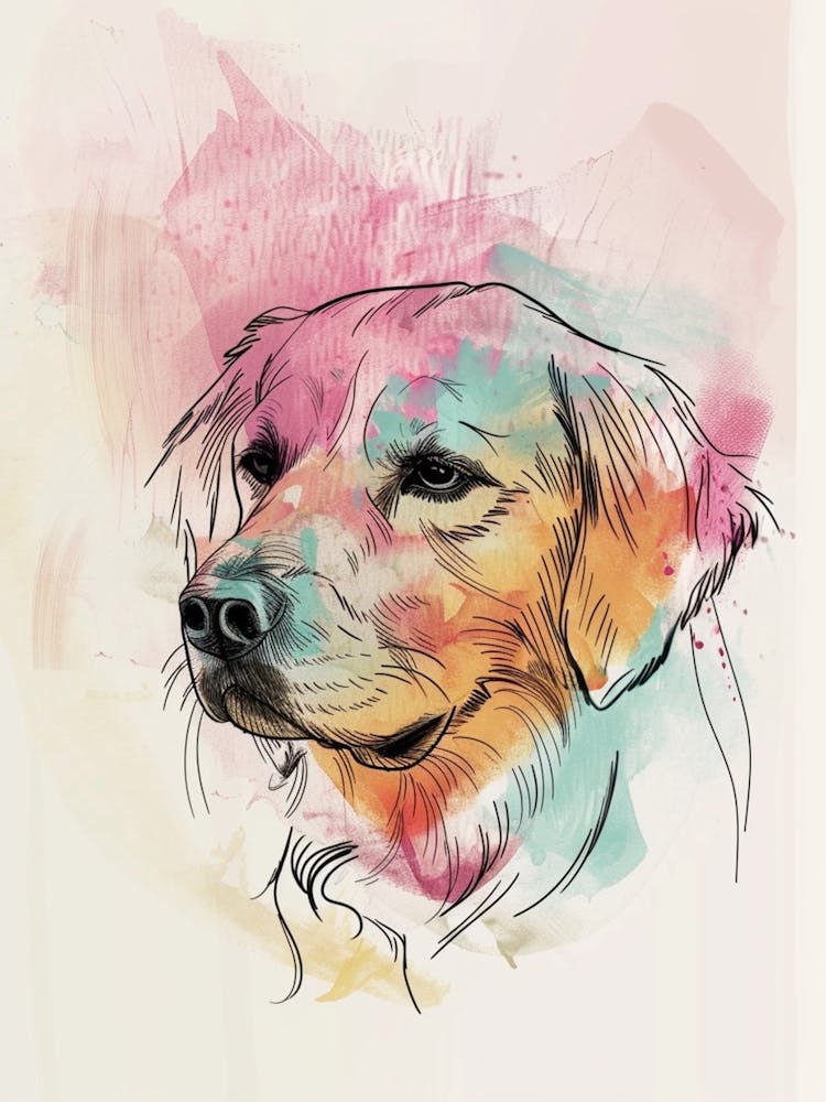 Pastel Watercolour Golden Retriever Line Illustration 2