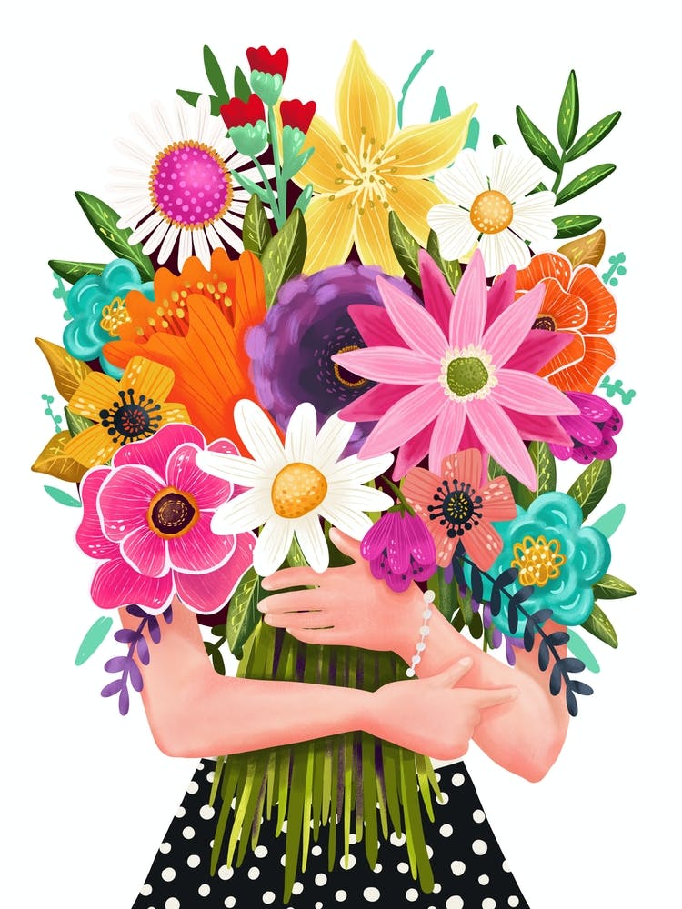 Woman Holding a Colorful Bouquet of Flowers Illustration on a White Background