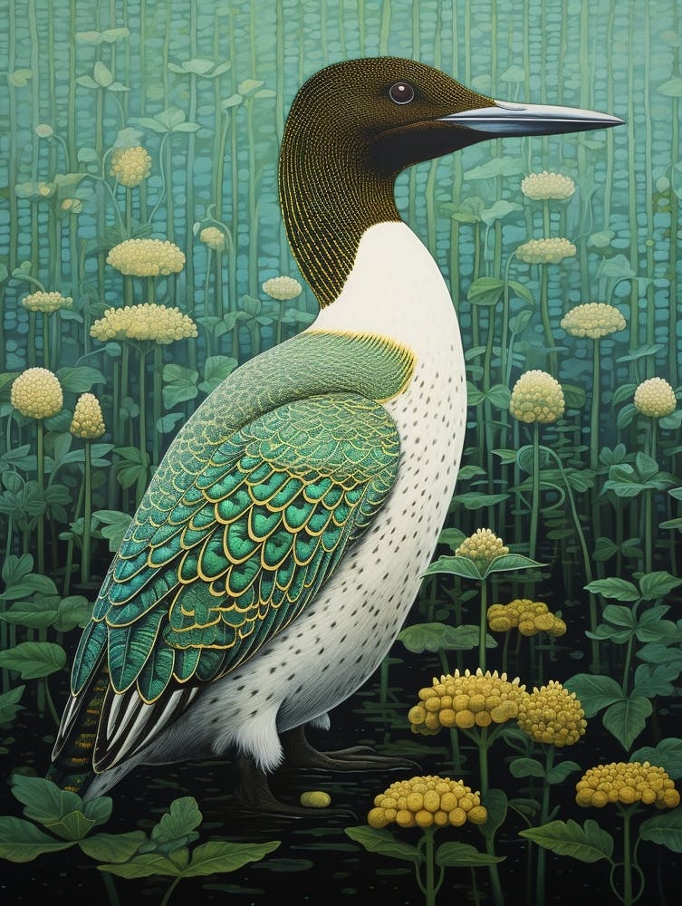 Peinture d'Oiseau Inspirée par Ohara Koson Plongeon Huard 2