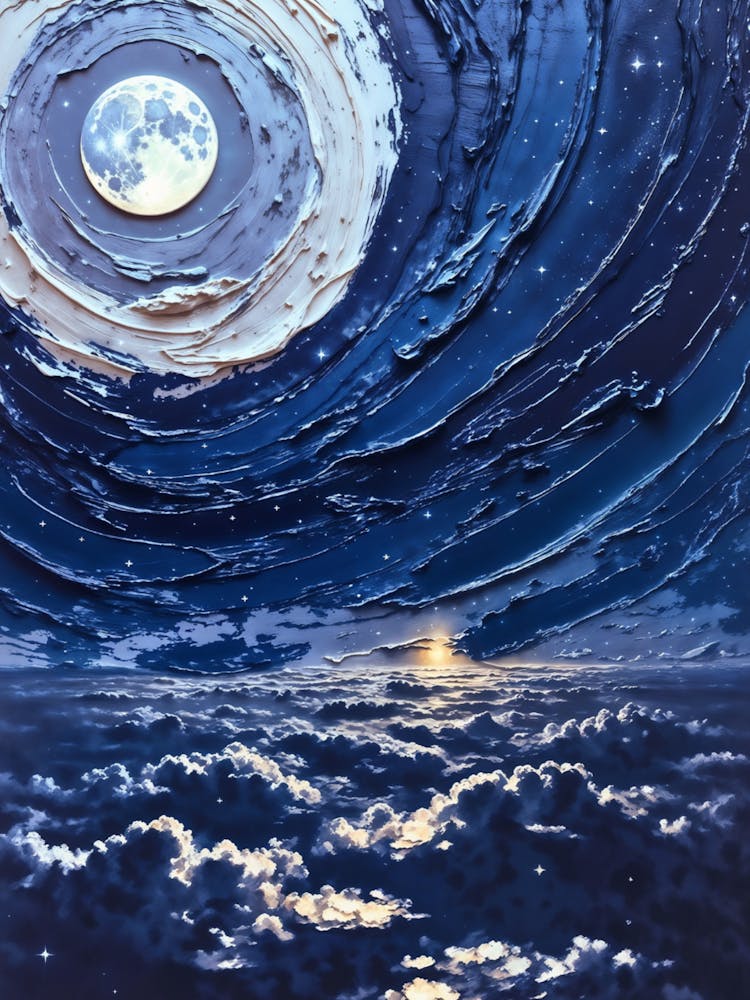 Sunset, Moonrise Impasto Painting