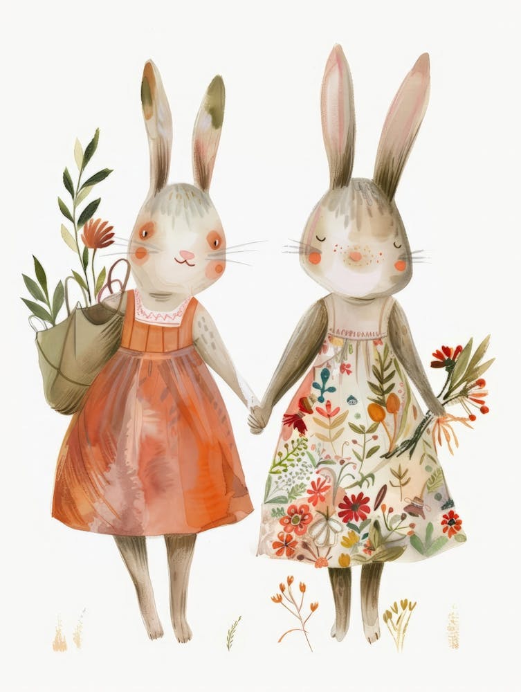 Two Bunnies Holding Flowers