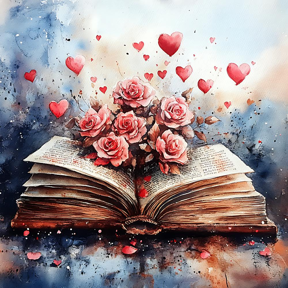 Watercolor Romantic Book Roses Hearts 11