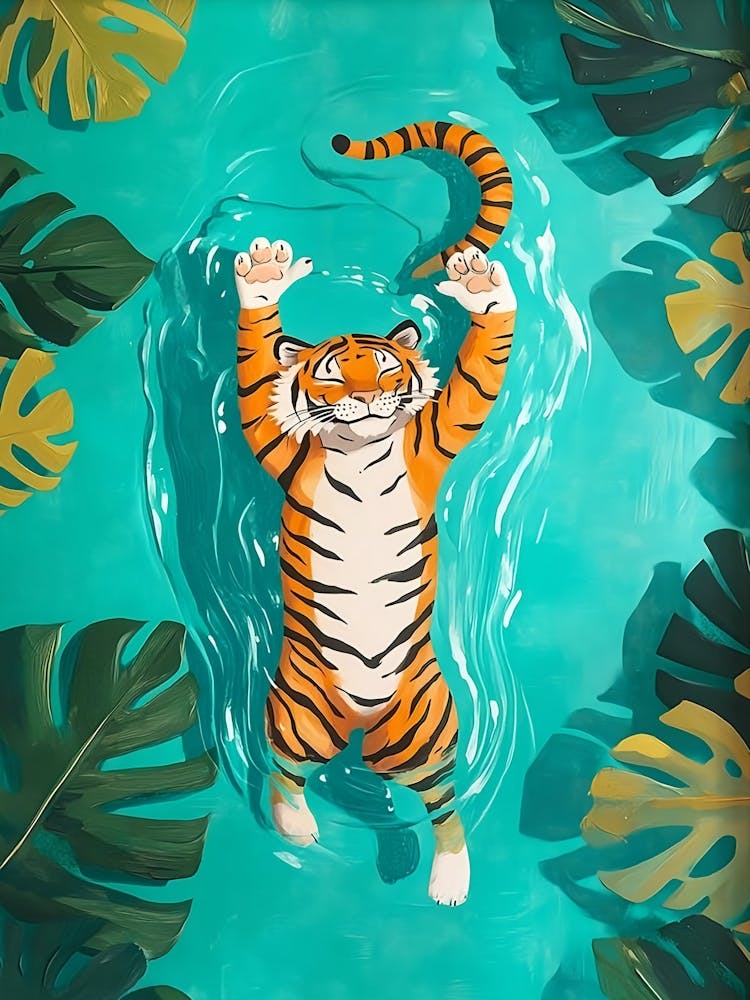 Tropischer Tiger schwimmt im Fluss Badezimmerdruck, Dschungel Illustration Tropische Dekoration Botanischer Druck, Trendiger Tigerdruck Maximalistische Wandkunst