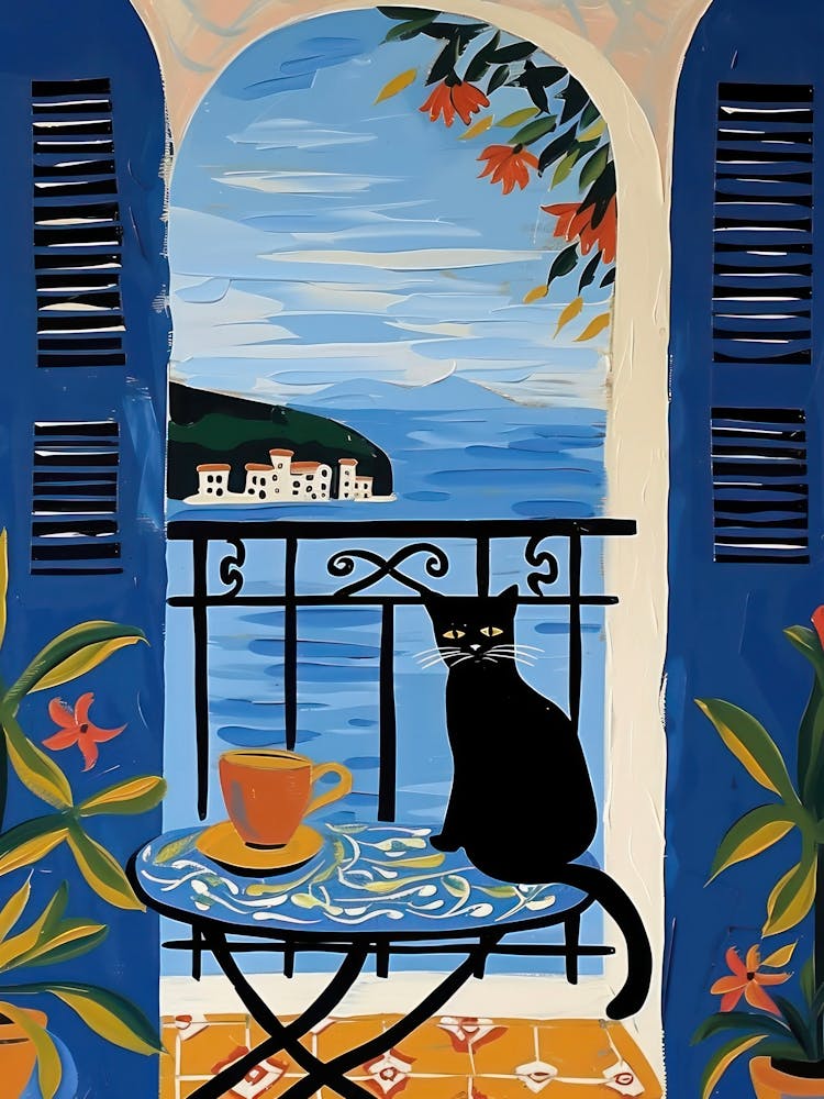 Black Cat In Amalfi Coast Blue