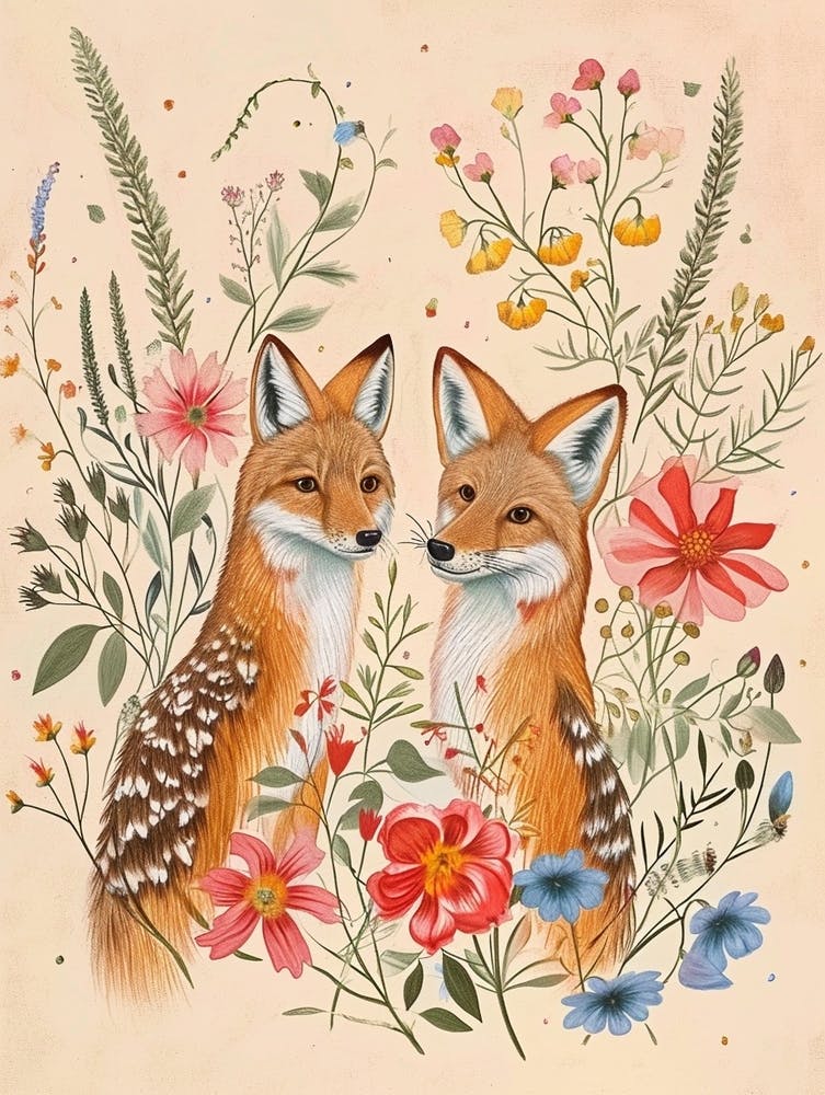 Folksy Floral Animal Drawing Coyote 3
