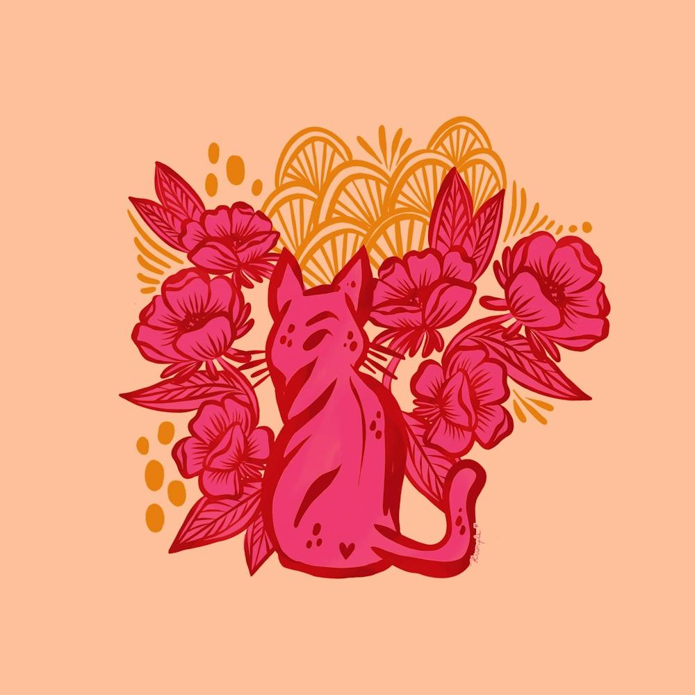 pink Cat With Flowers