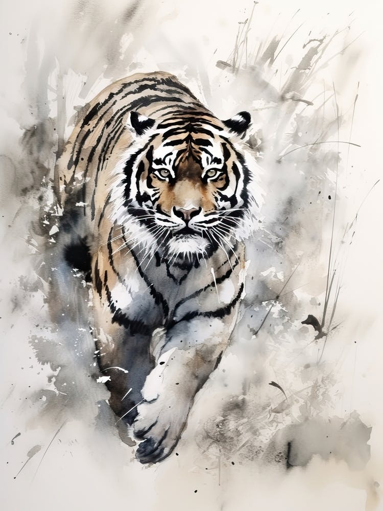 Tiger Art In Sumi E (Japanese Ink Painting) Style 4
