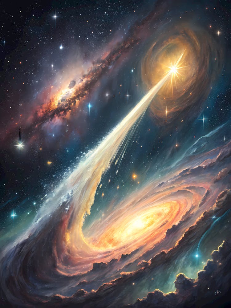 A Glowing Comet with a Long, Radiant Tail Oil Painting Style