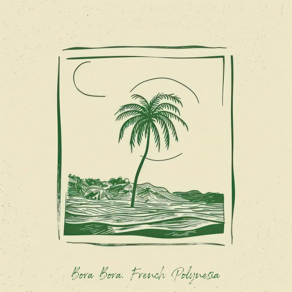 Bora Bora, French Polynesia Green Line Art Illustration