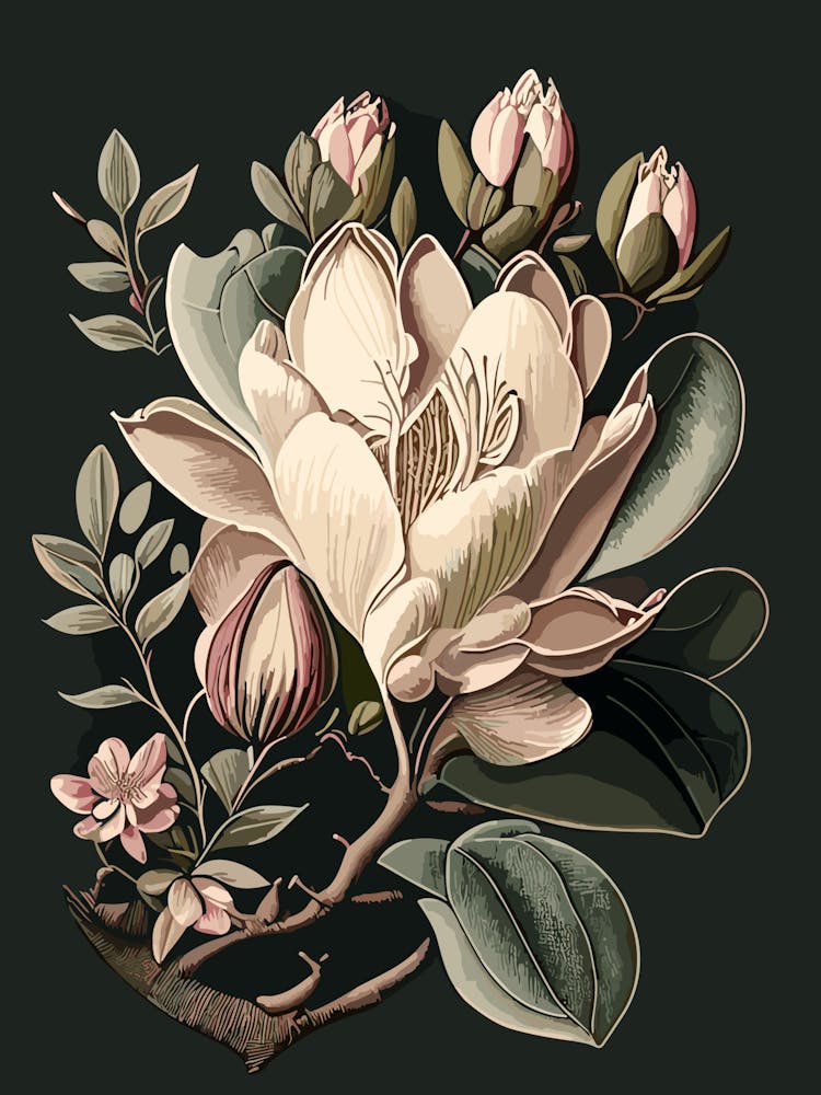 Magnolia Wildflower Vintage Botanical